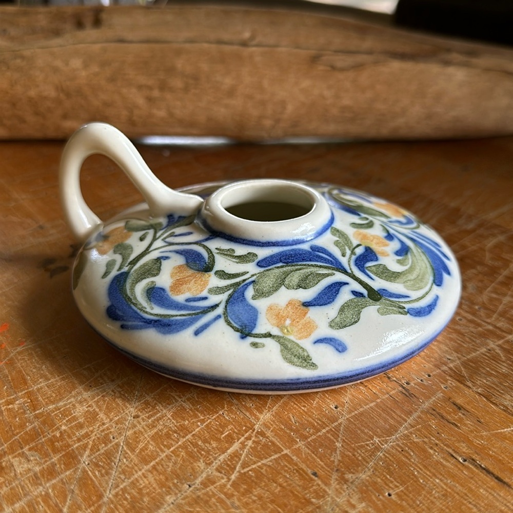 Spanish Pottery hand painted yellow/blue/green handled floral candle holder